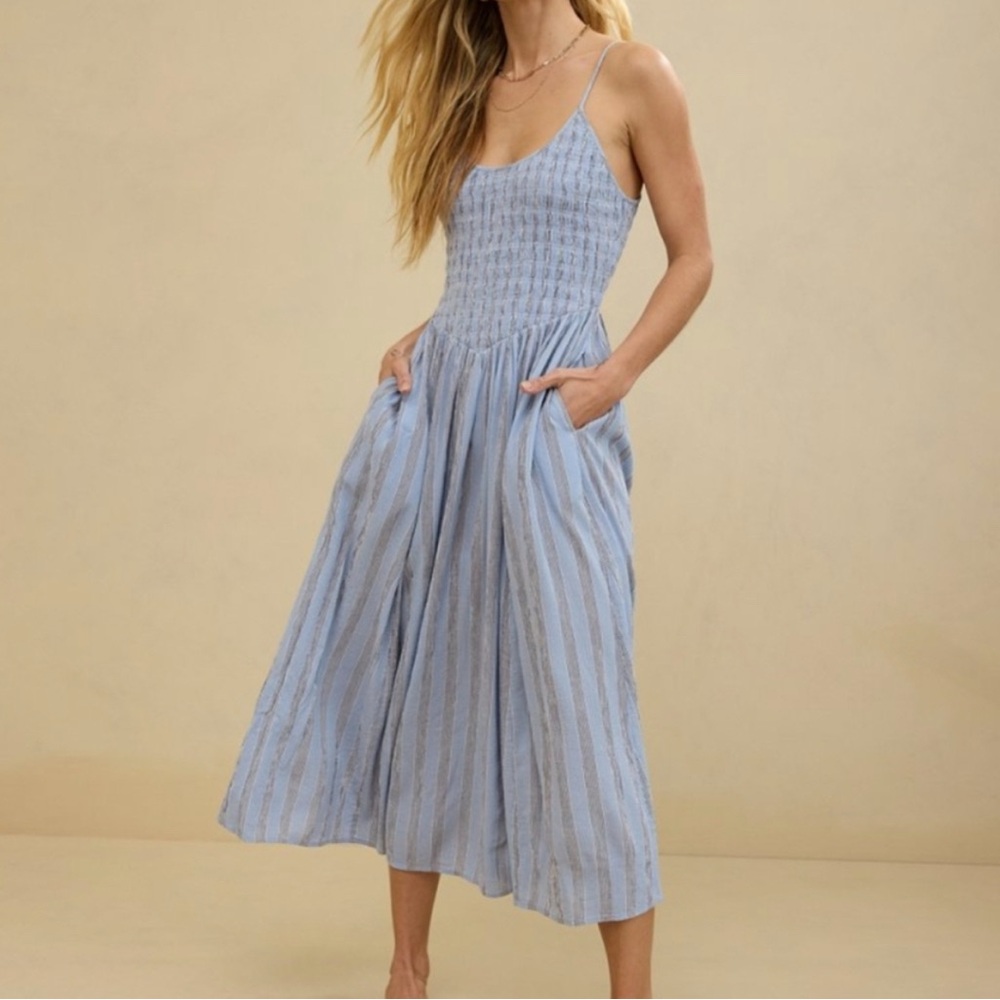 Aerie at the Barre Light Blue Striped Midi Dress SZ XL